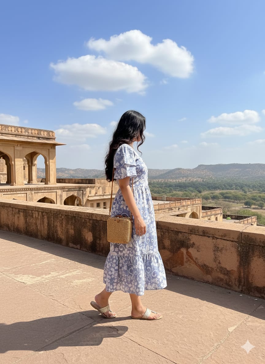 Blue Floral Butterfly Sleeves step frocks