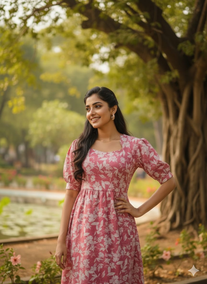 Pink Floral Puffy Sleeves Frocks