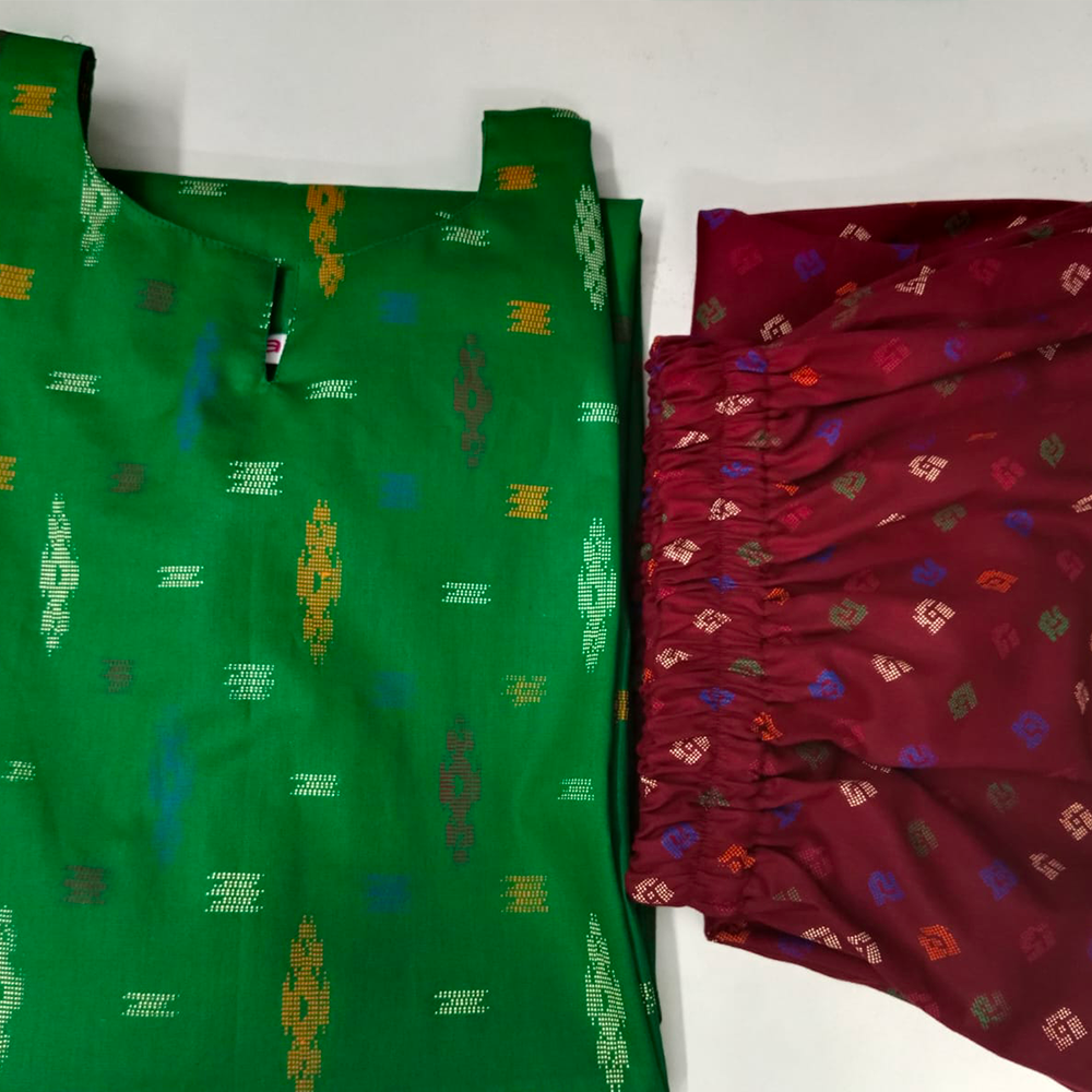 Pochampally Green & Red Kurti Set