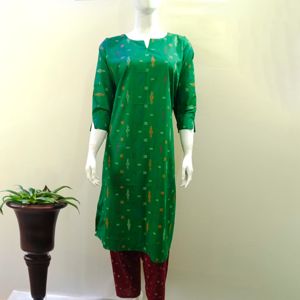 Pochampally Green & Red Kurti Set