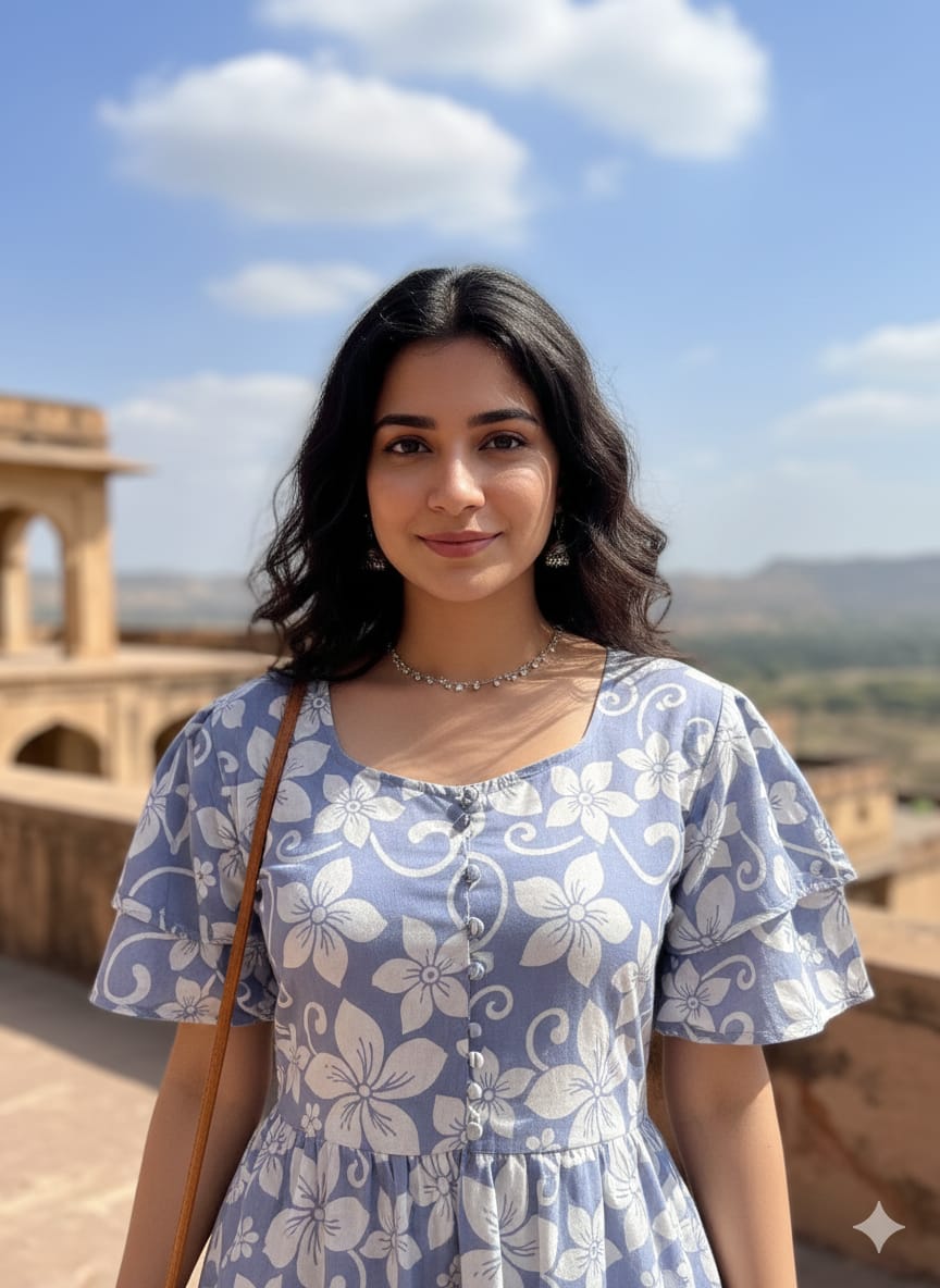 Blue Floral Butterfly Sleeves step frocks