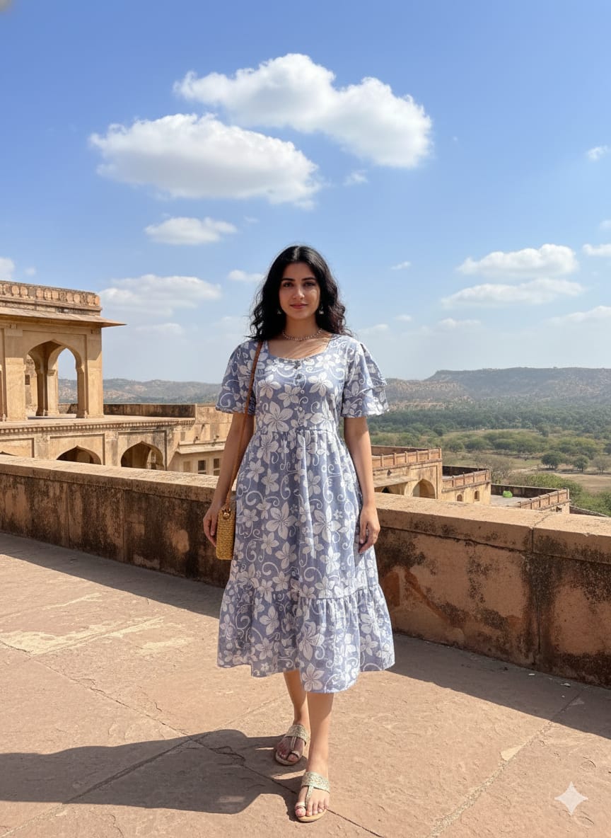 Blue Floral Butterfly Sleeves step frocks