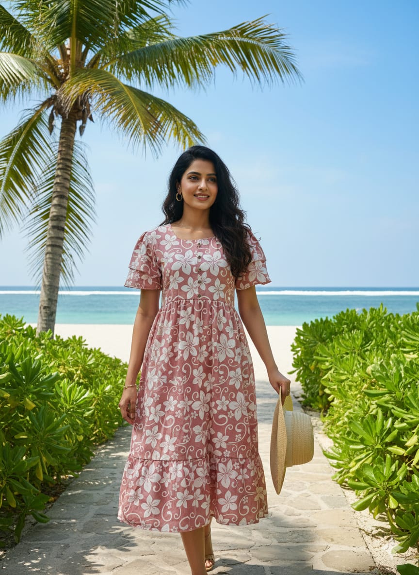 Pink Floral Butterfly Sleeves step frocks