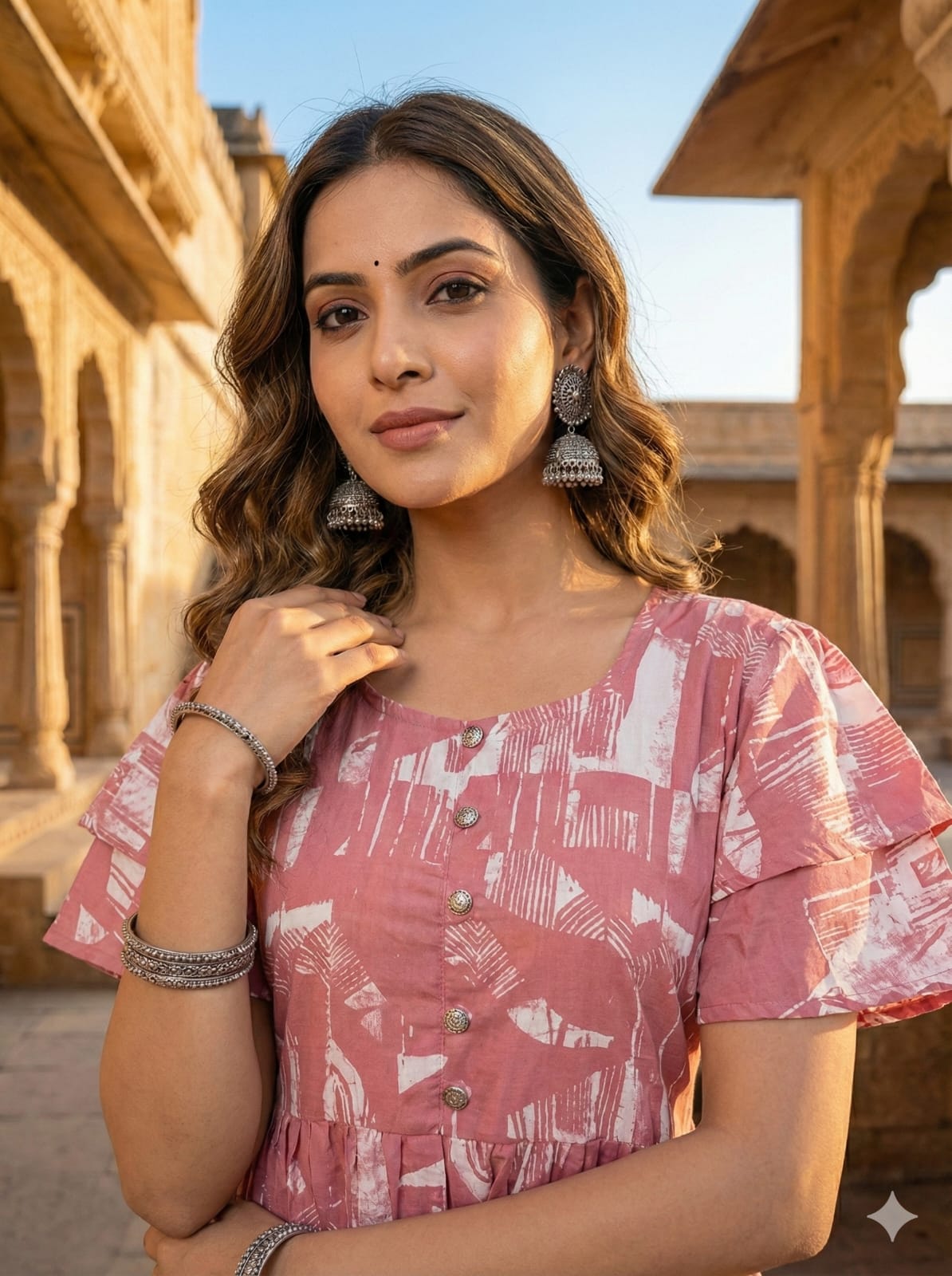 Pink Floral Butterfly Sleeves step frocks