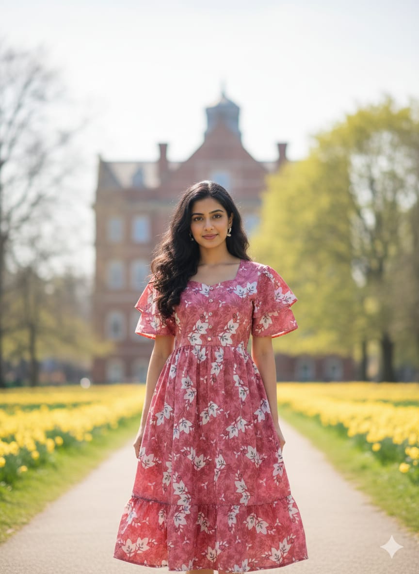 Pink Floral Butterfly Sleeves Step Frocks