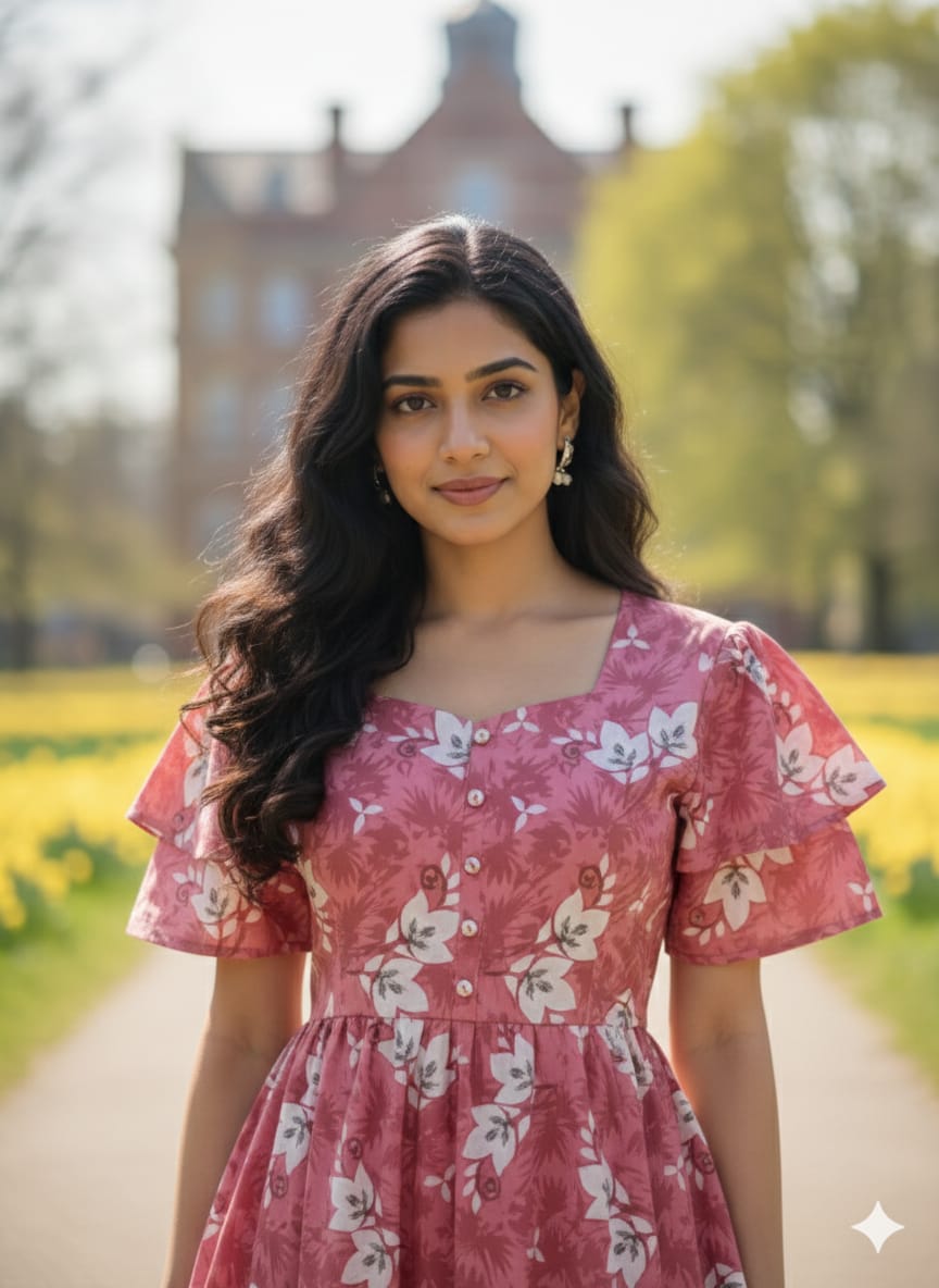 Pink Floral Butterfly Sleeves Step Frocks