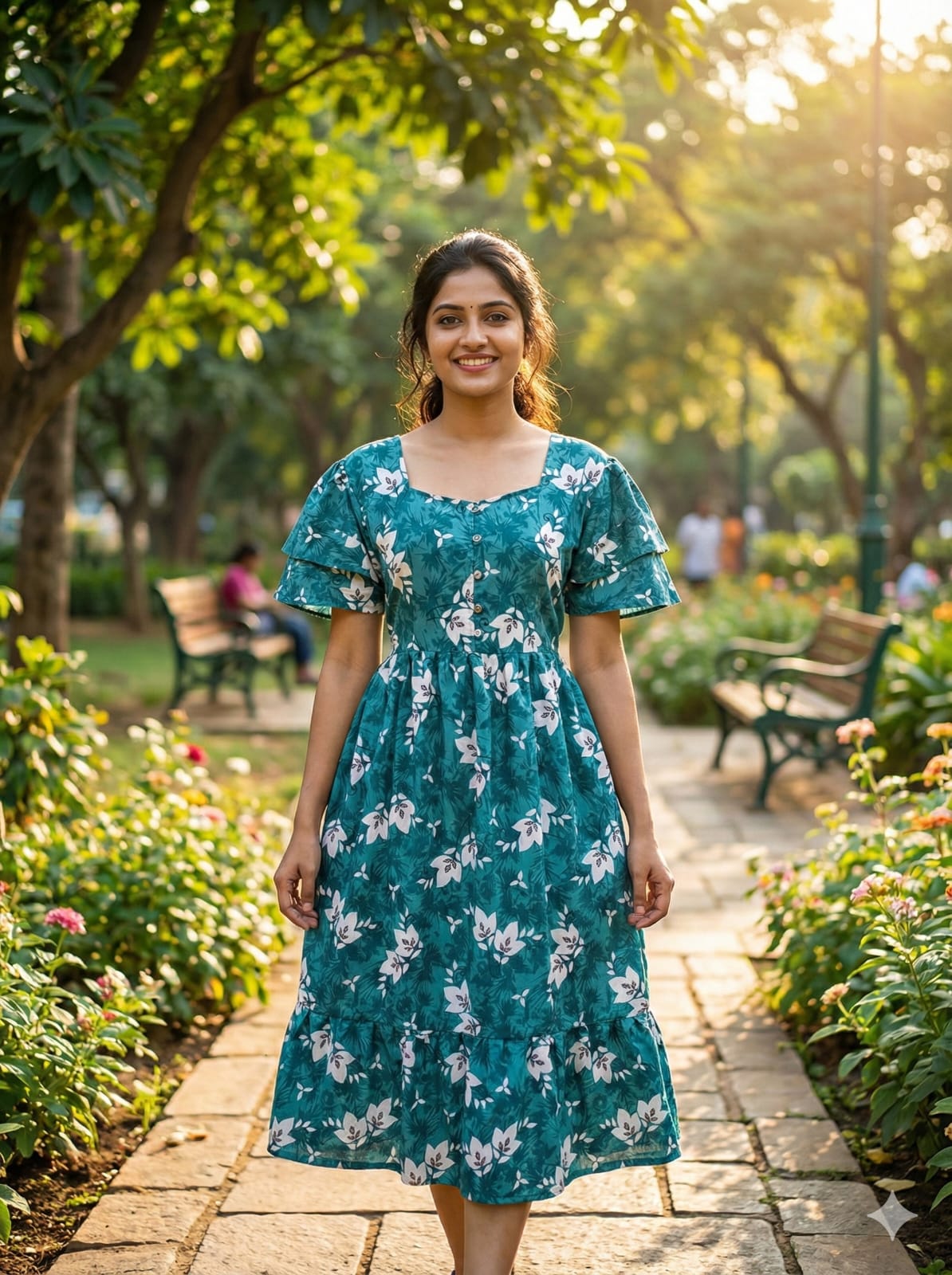 Blue Floral Butterfly Sleeves Step Frocks