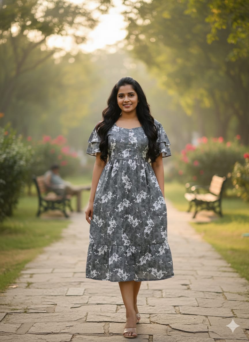 Grey Floral Butterfly Sleeves Step Frocks