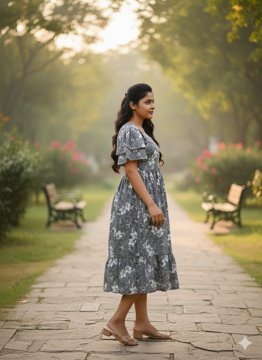 Grey Floral Butterfly Sleeves Step Frocks