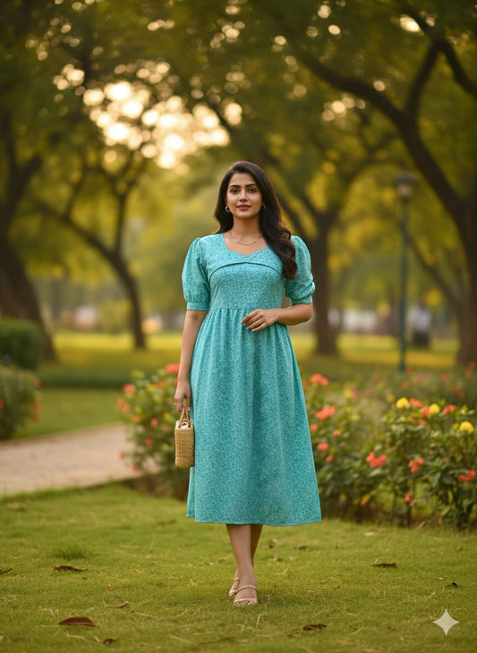 Sky Blue Floral Puffy Sleeves Frocks