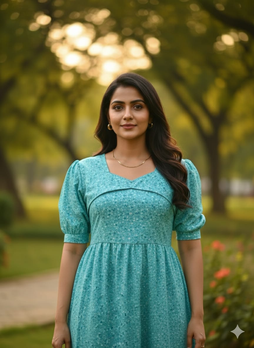 Sky Blue Floral Puffy Sleeves Frocks