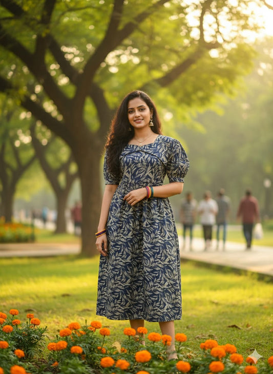 Blue Floral Puffy Sleeves Frocks