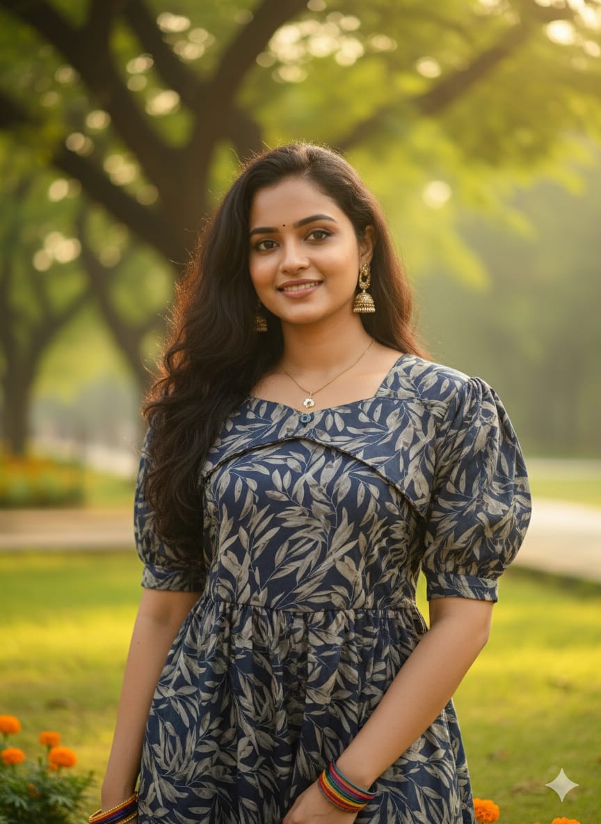 Blue Floral Puffy Sleeves Frocks