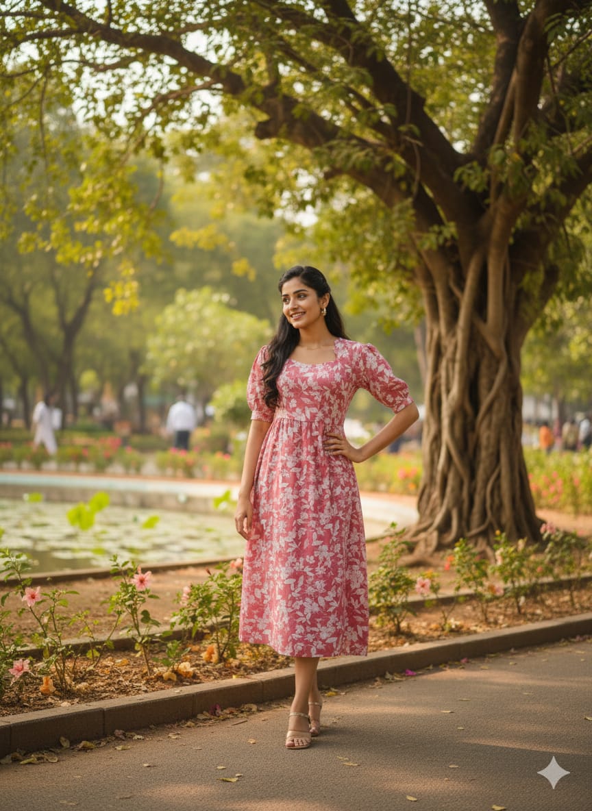 Pink Floral Puffy Sleeves Frocks