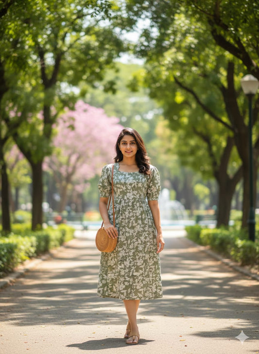 Green Floral Puffy Sleeves Frocks