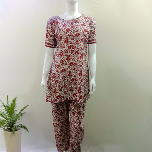 Summer Comfy Marron & White Night Suit Set Premium Quality